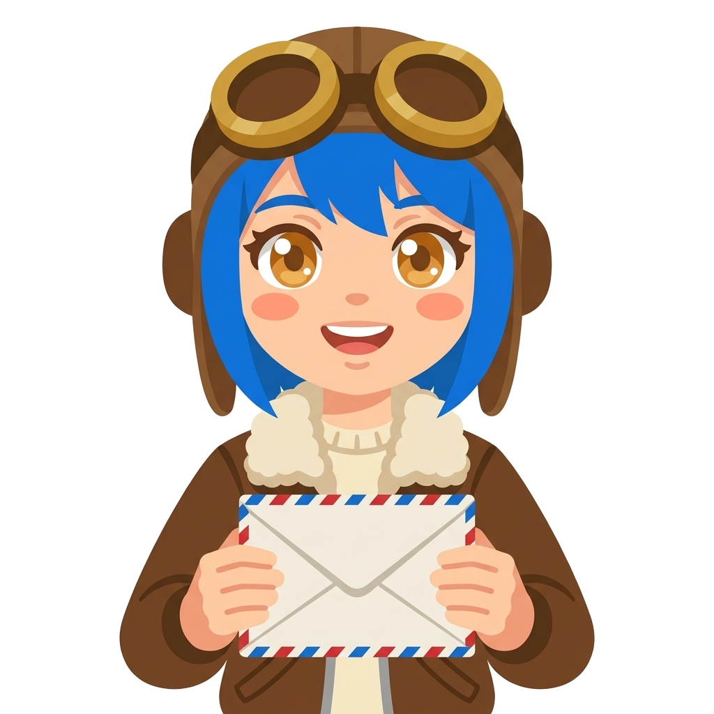 Piper, our friendly aviator mascot, holding an airmail letter